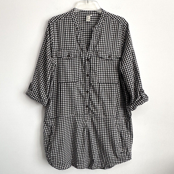 Forever 21 Shirt Dress L Black Gingham Roll Tab Pockets Mini Short Trendy Casual - Picture 1 of 11